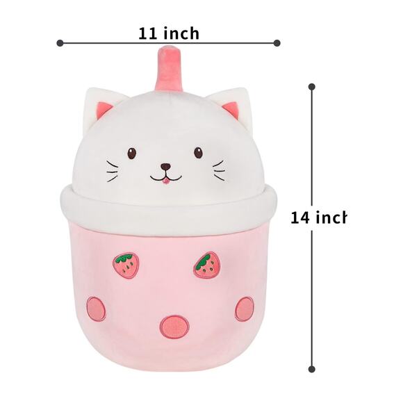 14 Inch Boba Tea Strawberry Cat Plush Pillow - Soft Hugging Toy for Kids & Decor - Picture 4 of 6